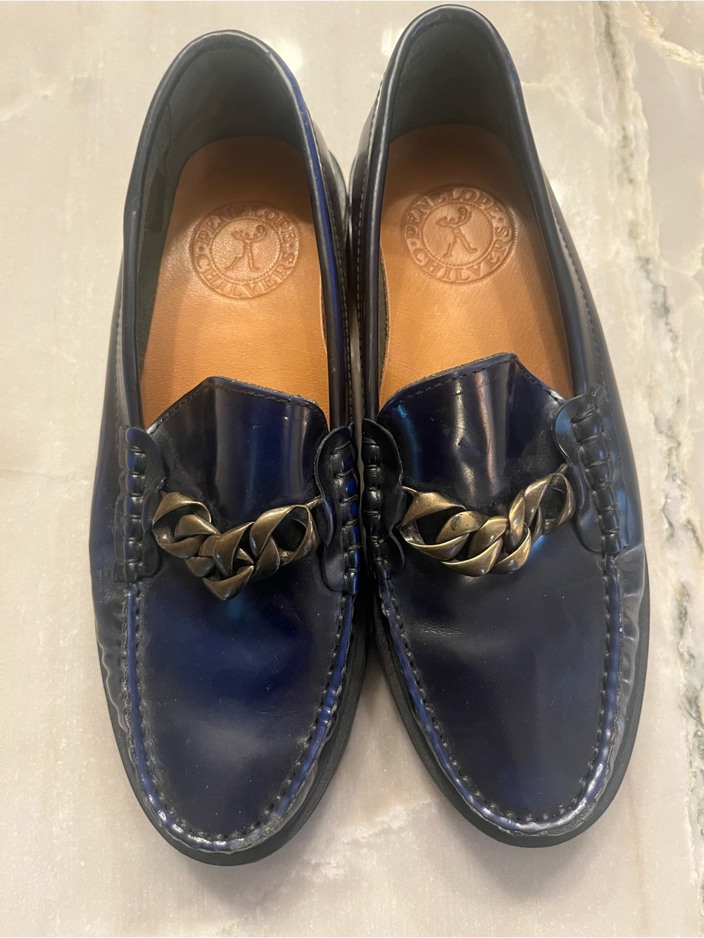 Penelope Chilvers Navy Patent Leather Chain-Trim Loafers